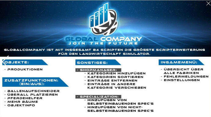 Скачать мод Global Company версия 1.7.1.0 для Farming Simulator 2019 (v1.5.x)